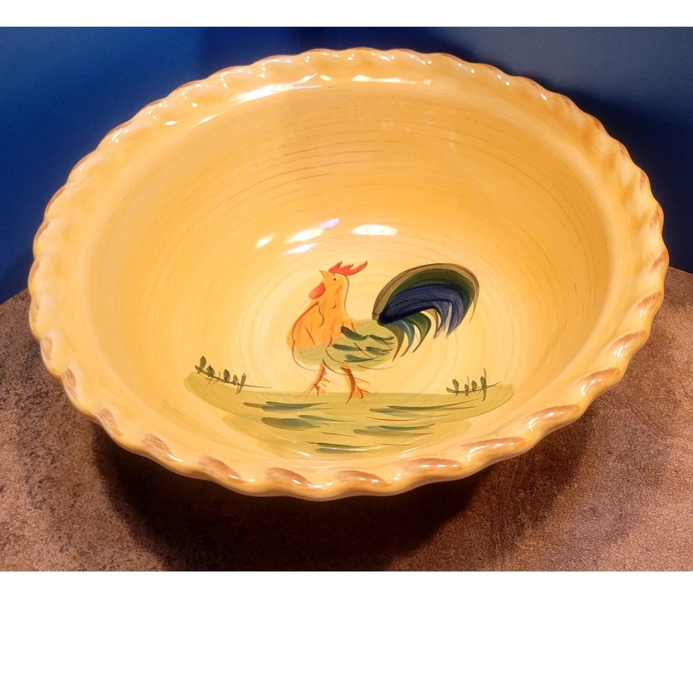 Home Rooster Pattern 11 Inch Vegetable Serving Bowl Yellow Scalloped Farmhouse